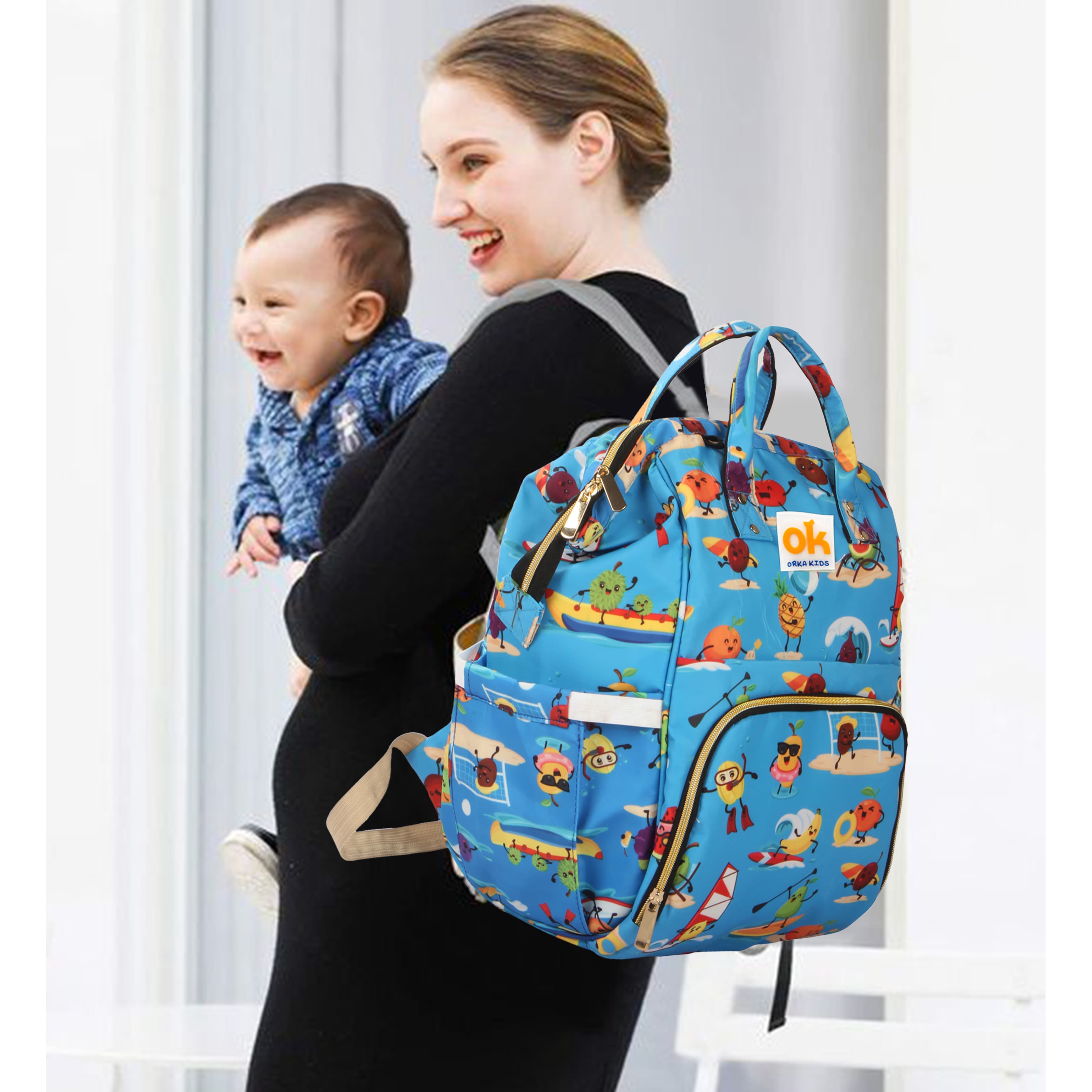 Orka Kids Moms Back Pack Waterproof Mother Bag for Babies, Diaper Bag for Baby, Maternity Travel Backpack Spacious Cushioned Shoulder Strap Many Compartment Multi Utility Large (Vector Cartoons)