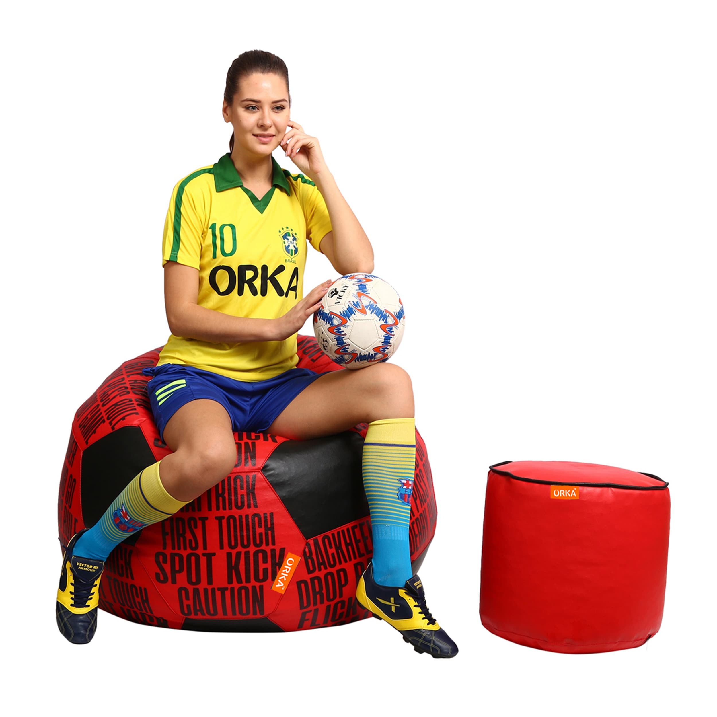 Orka Digital Printed XXXL Foorball With Mathching Footstool Filled Bean Bag With Beans (FB13 Teal,Black)