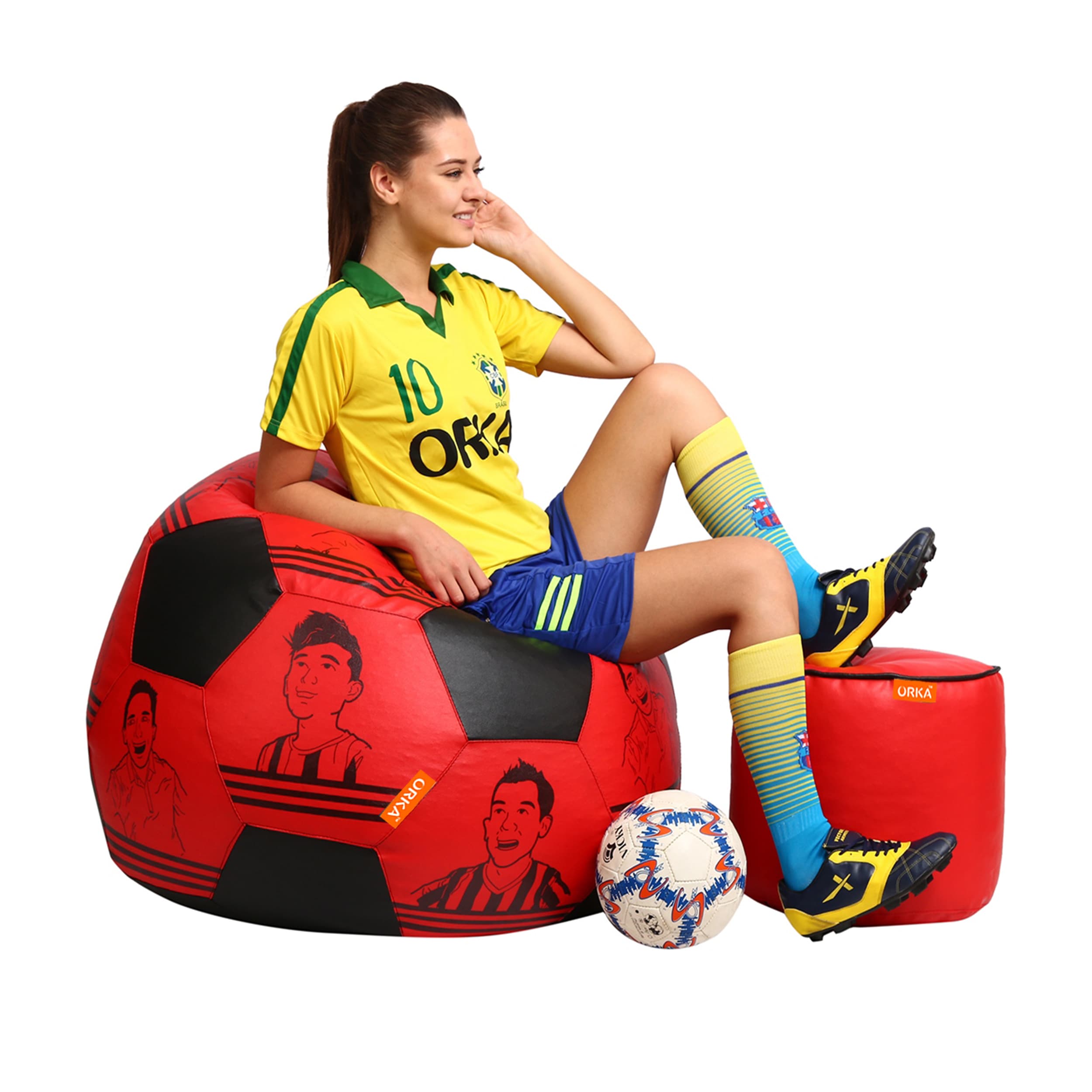 Orka Digital Printed XXL Foorball With Mathching Footstool Filled Bean Bag With Beans (FB16 Red,Black)