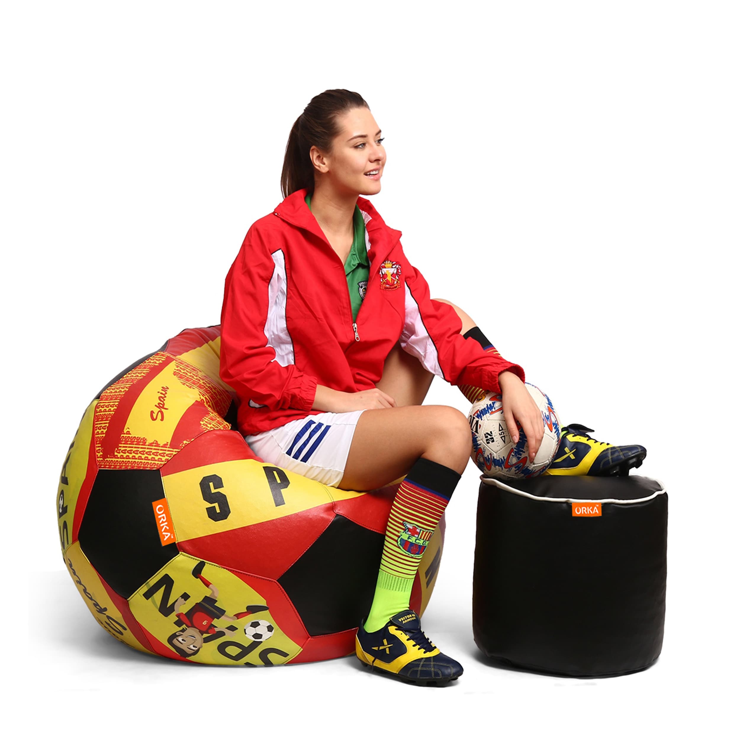 Orka Digital Printed XXXL Foorball With Mathching Footstool Filled Bean Bag With Beans (FB43 Multicolor)