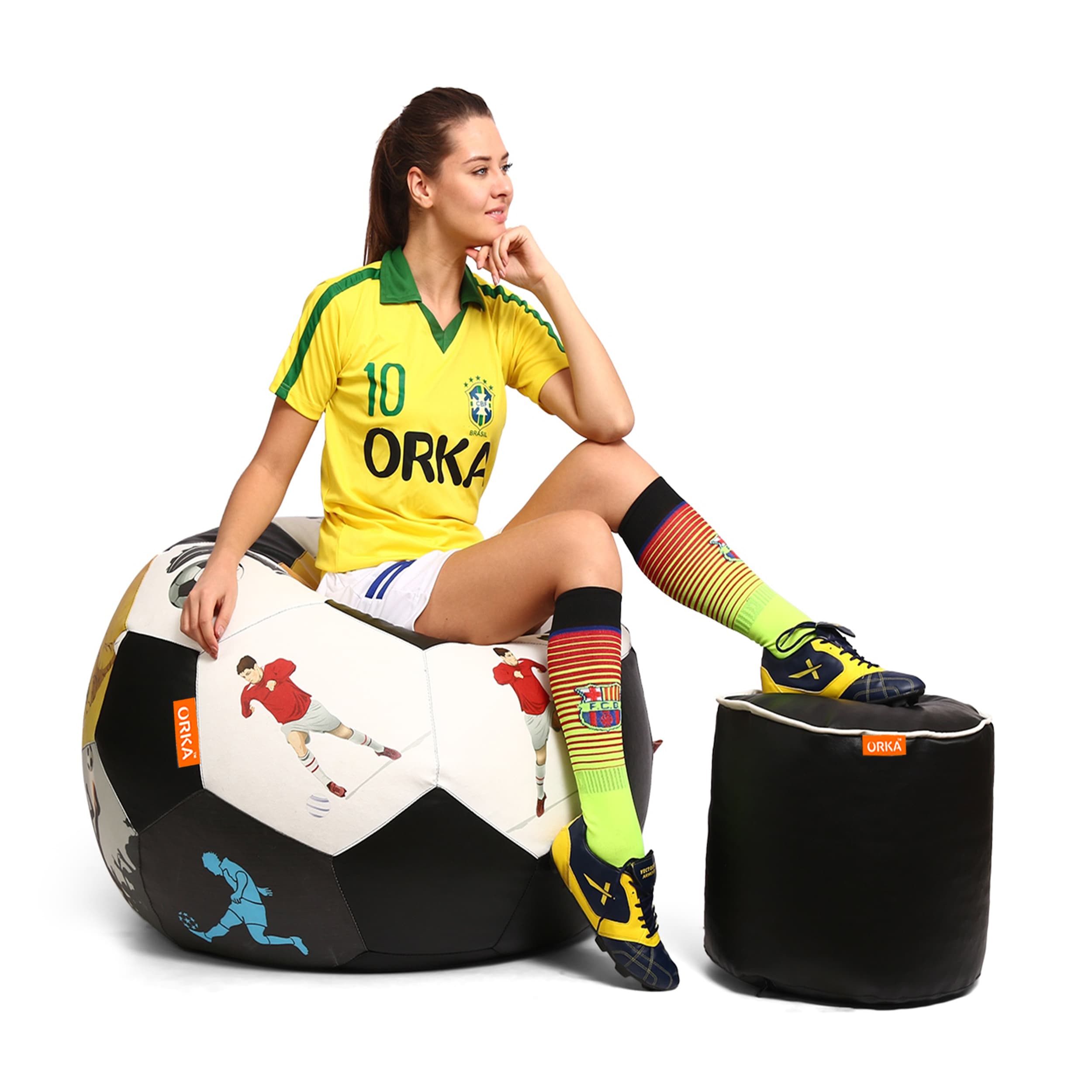 Orka Digital Printed XXXL Foorball With Mathching Footstool Filled Bean Bag With Beans (FB44 Multicolor)