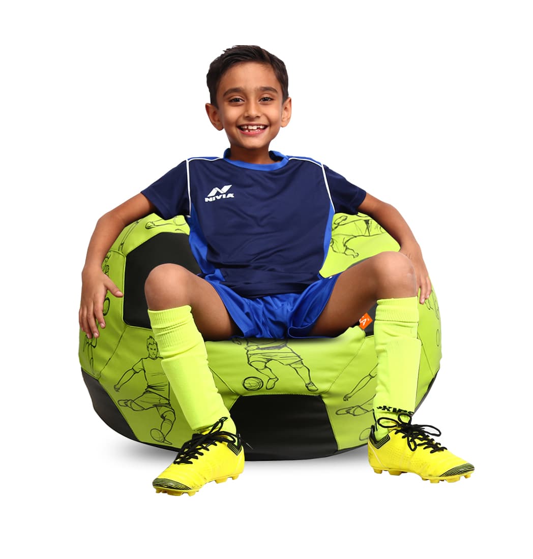 Orka Digital Printed Kids Foorball With Mathching Footstool Filled Bean Bag With Beans (FB01, Yellow)
