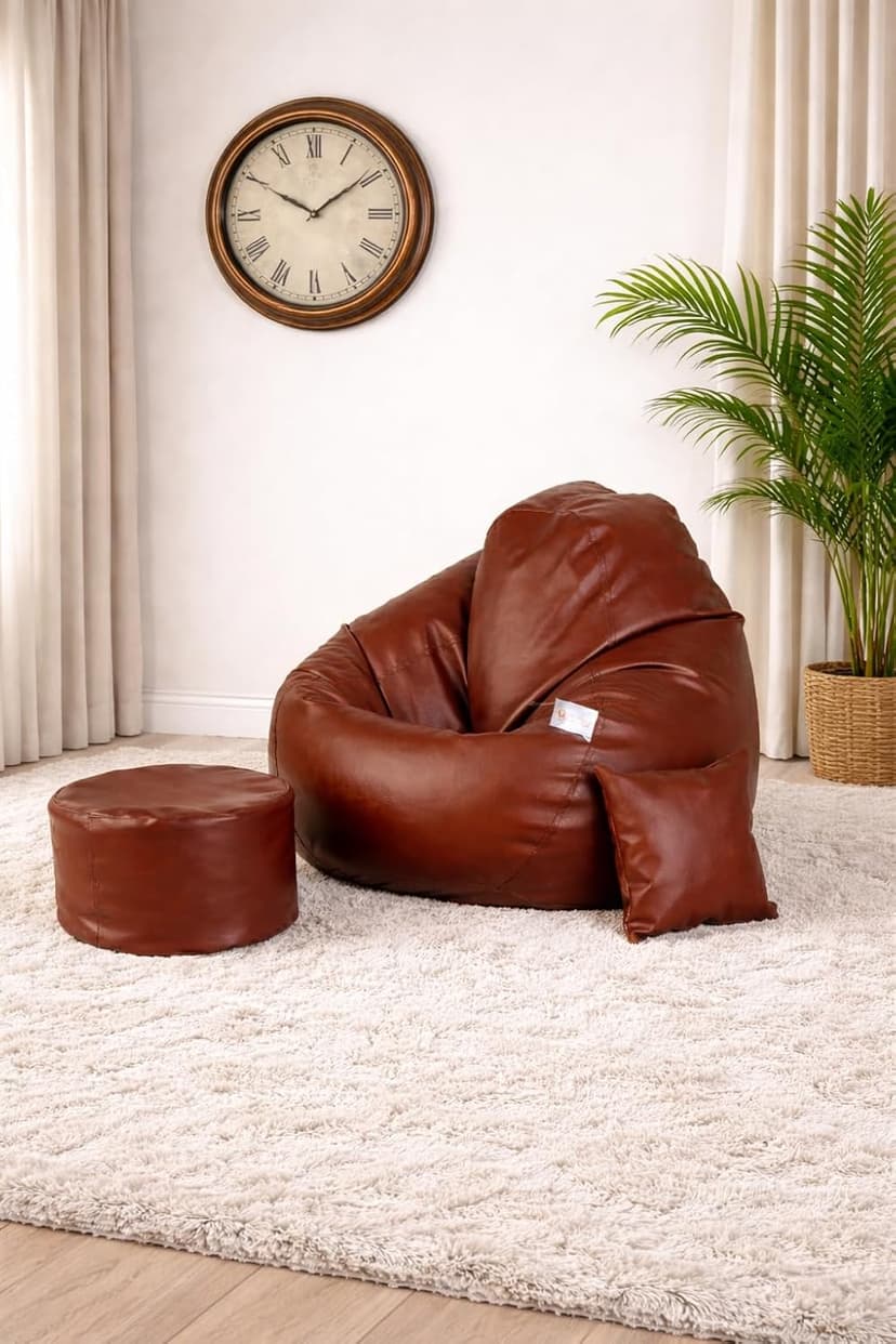 Orka Bean Bag Chair with Beans Filled, Bean Bag with Free Footrest and Cushion, Puffluxe Combo (Tan)