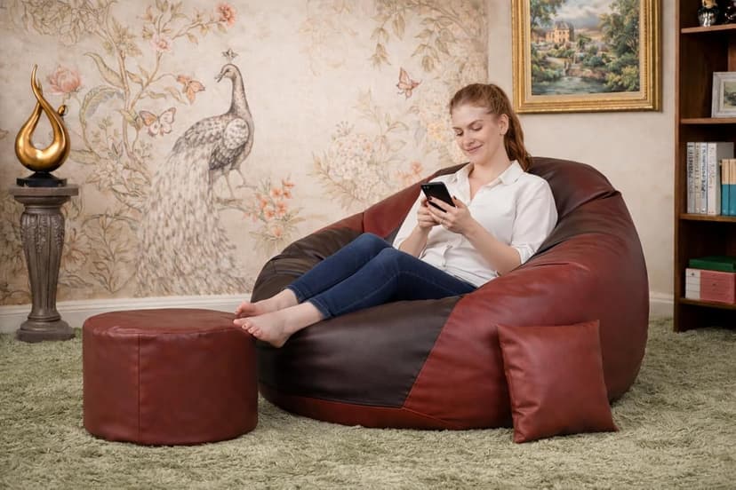 Orka Bean Bag Chair with Beans Filled, Bean Bag with Free Footrest and Cushion, Puffluxe Combo (Brown,Tan)