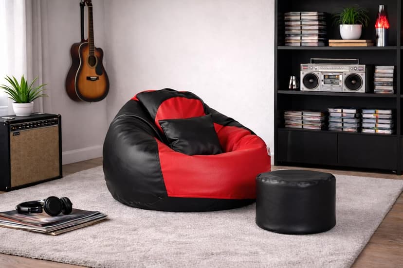 Orka Bean Bag Chair with Beans Filled, Bean Bag with Free Footrest and Cushion, Puffluxe Combo (Red,Black)