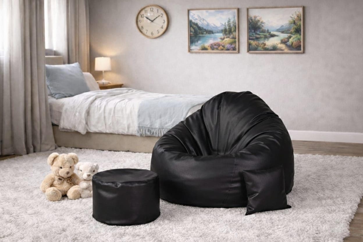 Orka Bean Bag Chair with Beans Filled, Bean Bag with Free Footrest and Cushion, Puffluxe Combo (Black)