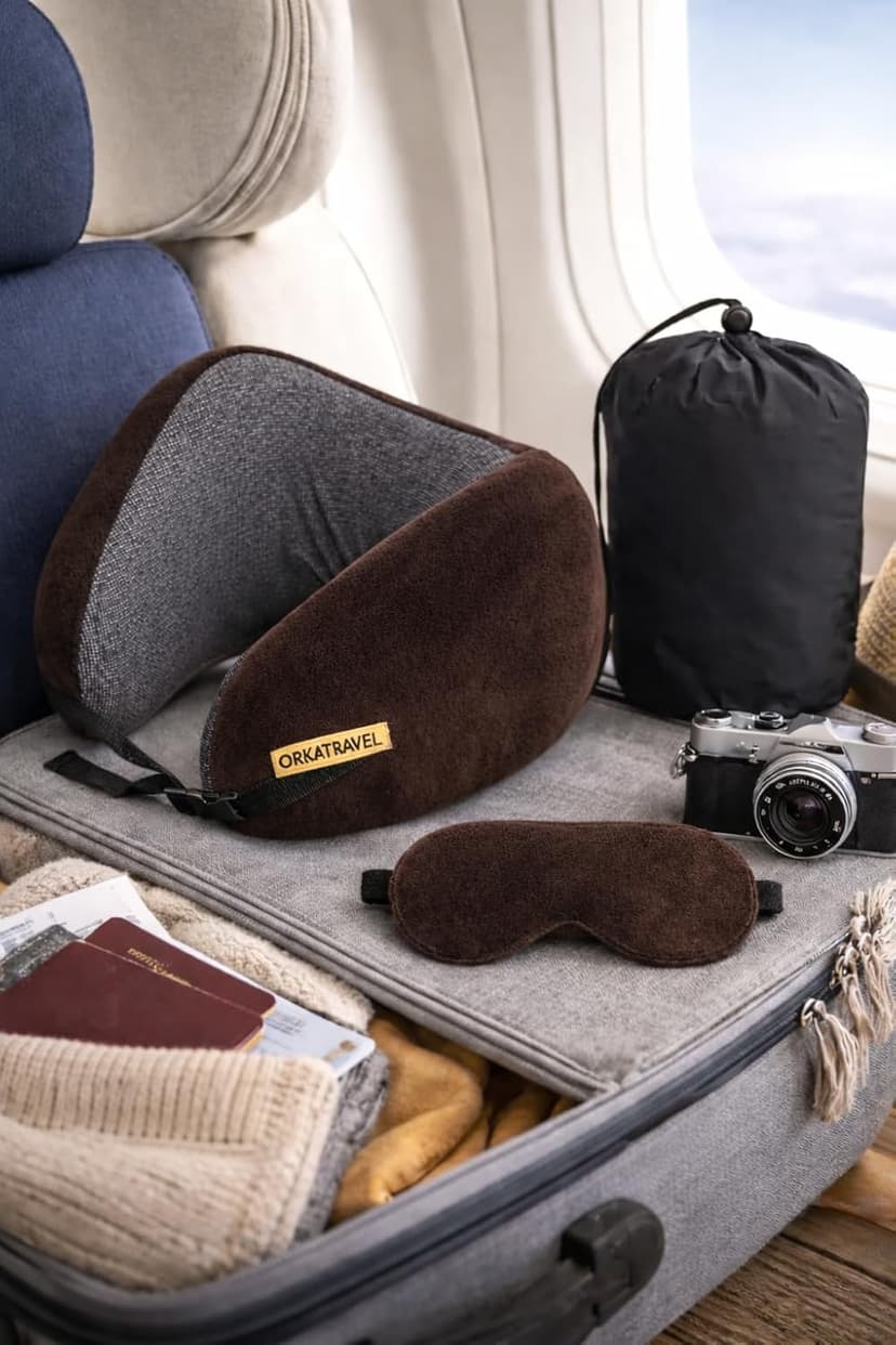 OrkaTravel Galaxy U Neck Memory Foam Pillow, Adjustable Neck Belt with Supersoft Fabric, Travel U Neck Pillow Combo with Premium Eye Mask and Carry Bag.