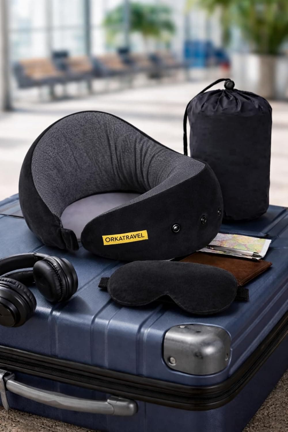 OrkaTravel Starc U Neck Memory Foam Pillow,3 Adjustable Neck Buttons with Supersoft Fabric, Travel U Neck Pillow Combo with Premium Eye Mask and Carry Bag.