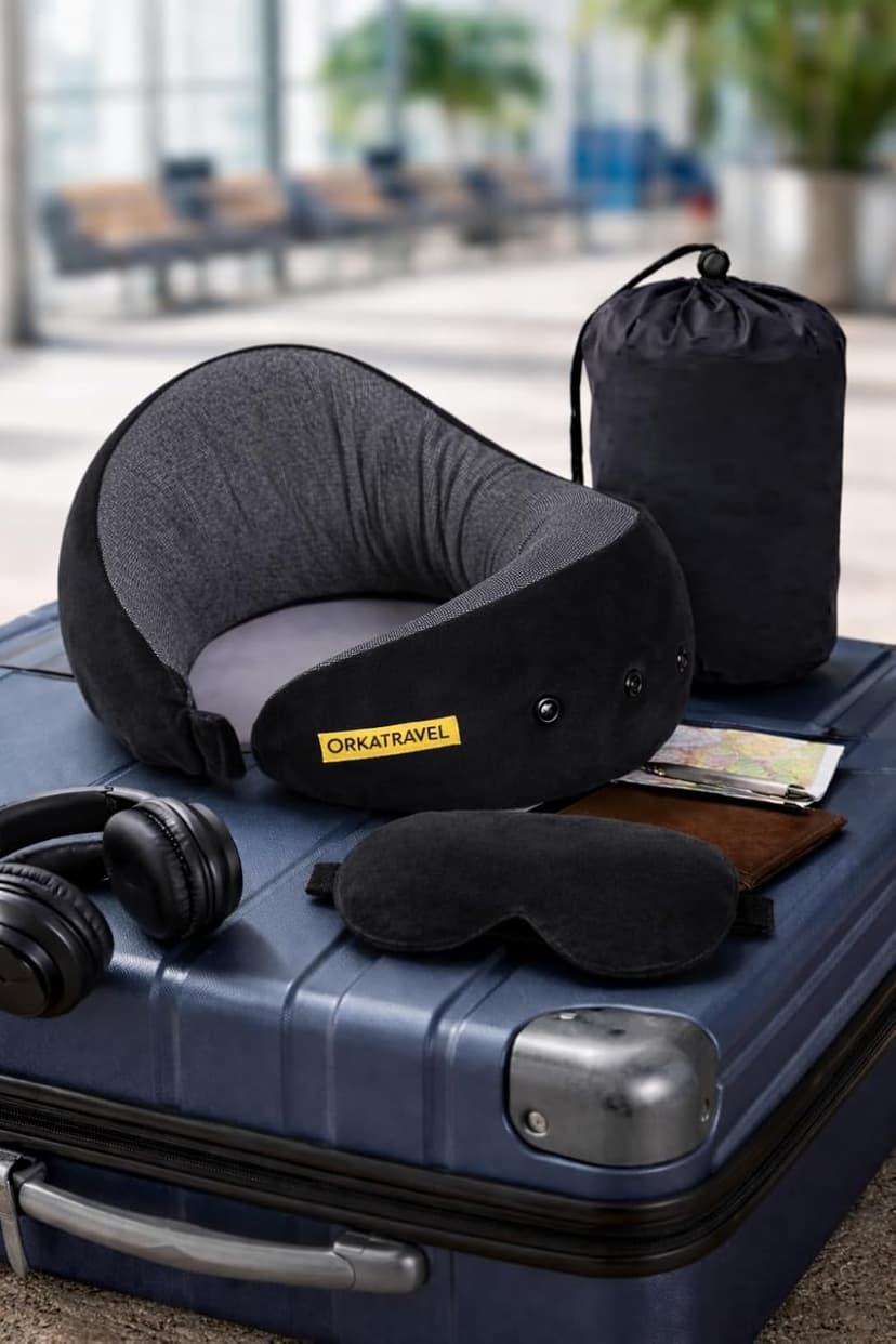 OrkaTravel Starc U Neck Memory Foam Pillow,3 Adjustable Neck Buttons with Supersoft Fabric, Travel U Neck Pillow Combo with Premium Eye Mask and Carry Bag.