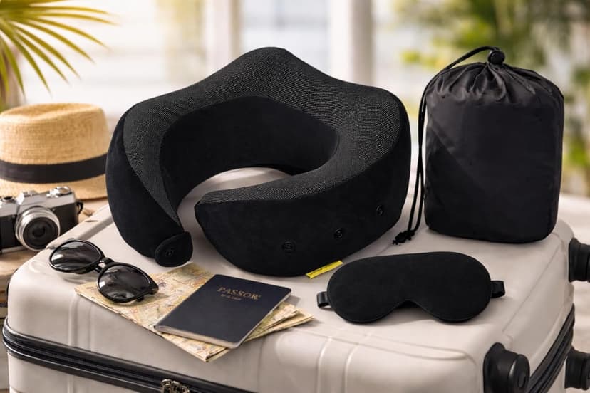 OrkaTravel Cosmic U Neck Memory Foam Pillow,3 Adjustable Neck Buttons with Supersoft Fabric, Travel U Neck Pillow Combo with Premium Eye Mask and Carry Bag.
