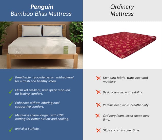 Penguin Bamboo Bliss Mattress with 10-Year Warranty – King Size (78x72x8 inches, Green)