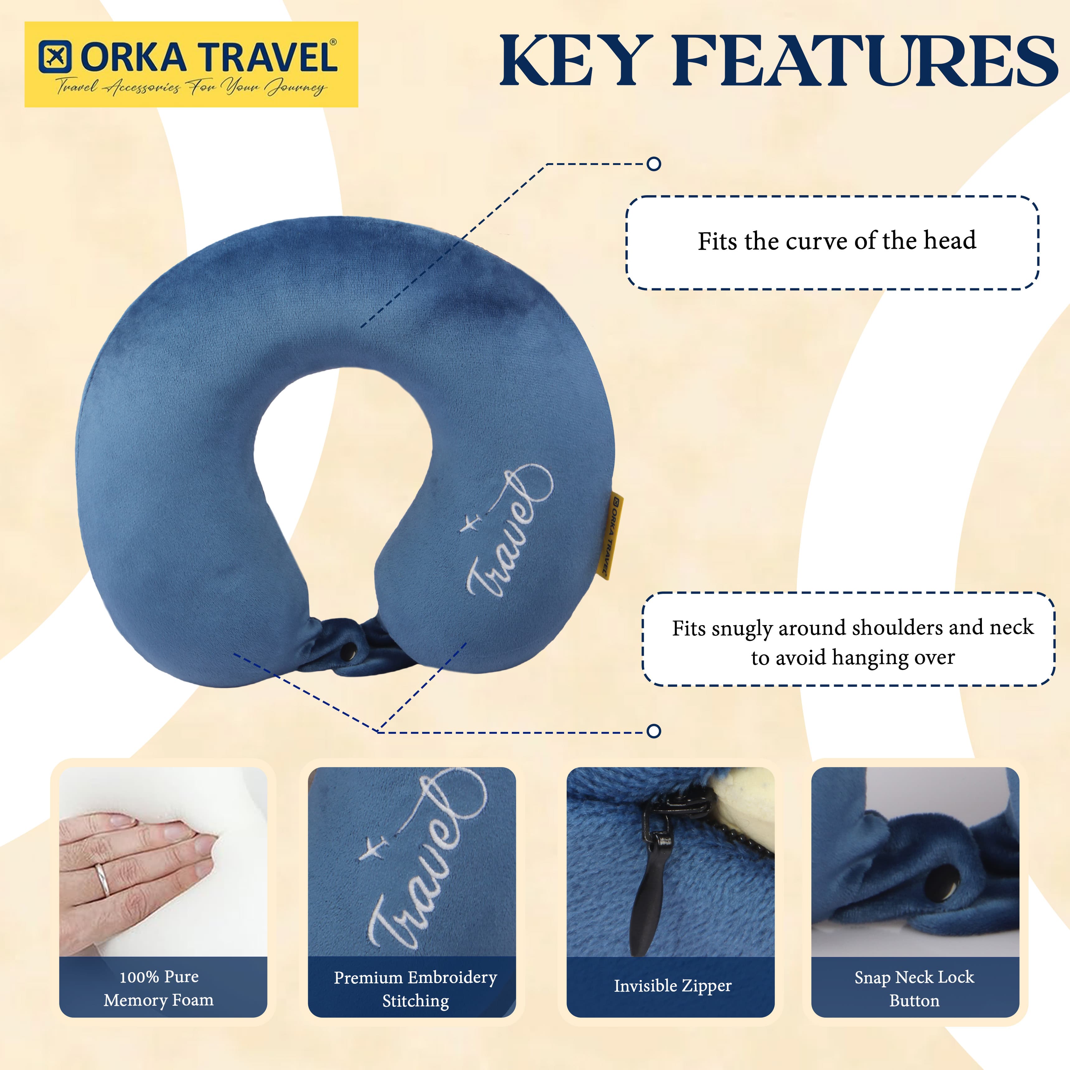 Orka Travel Solid Super Soft Embroidery Memory Foam U Neck view 5