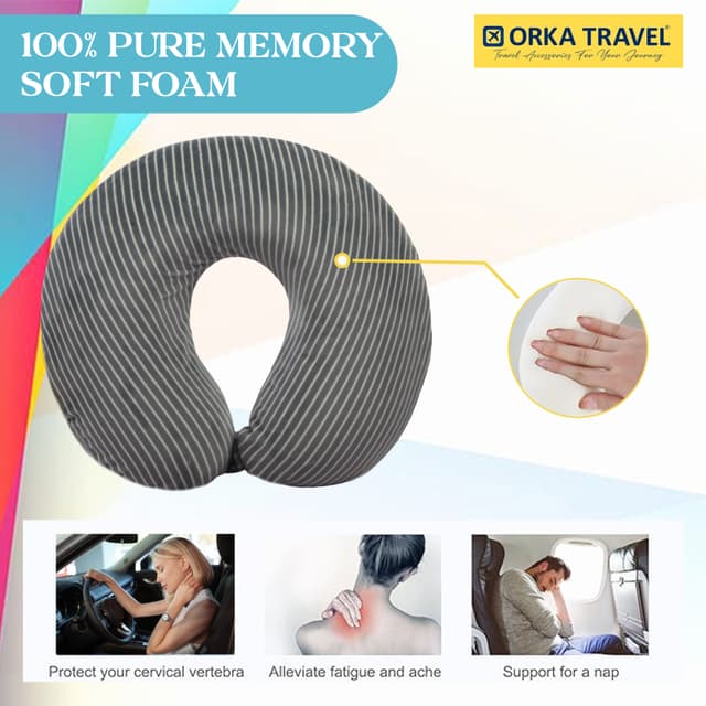 Orka Travel Classic Stripe Memory Foam U Neck - Dark Grey