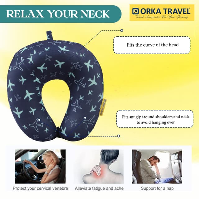 Orka Travel Digital Printed High Back Memory Foam U Neck - Planes
