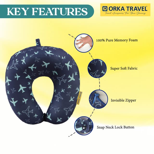 Orka Travel Digital Printed High Back Memory Foam U Neck - Planes