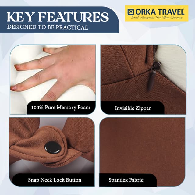 Orka Travel Spandex Solid High Back Memory Foam U Neck - Brown