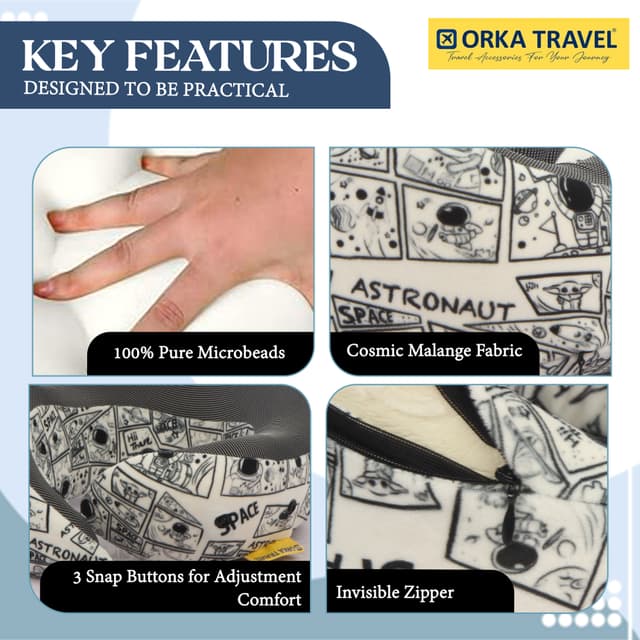 Orka Travel Cosmic 3 Adjustable Neck Buttons Memory Foam U Neck - Astronaut
