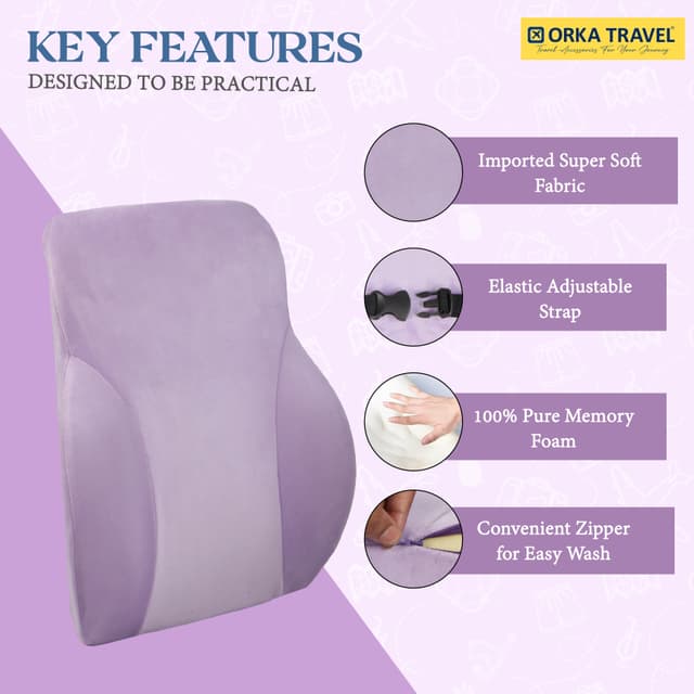 ORKA TRAVEL Presto Orthopaedic Mid-Backrest Cushion with Memory Foam (Ortho Backrest) (Purple)