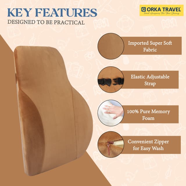 ORKA TRAVEL Presto Orthopaedic Mid-Backrest Cushion with Memory Foam (Ortho Backrest) (Tan)