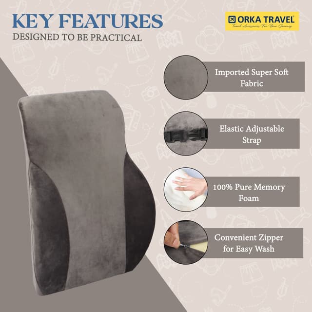 ORKA TRAVEL Presto Orthopaedic Mid-Backrest Cushion with Memory Foam (Ortho Backrest) (Grey)