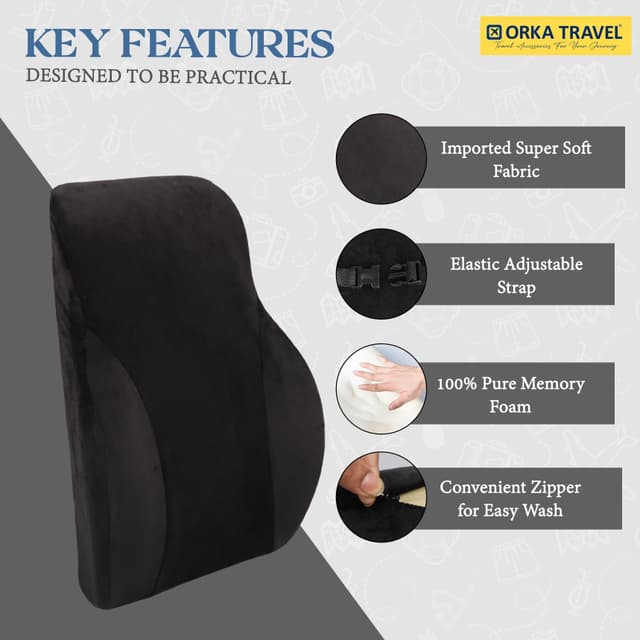 ORKA TRAVEL Presto Orthopaedic Mid-Backrest Cushion with Memory Foam (Ortho Backrest) (Black)