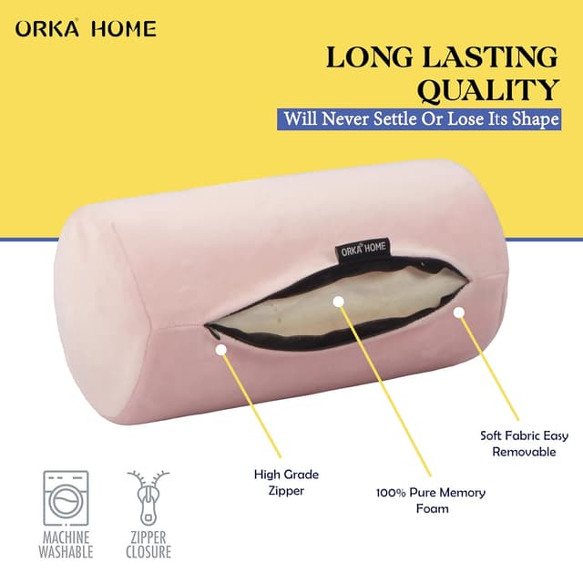 OrkaSleep Cervical Neck Roll Memory Foam Pillow, Bolster Pillow, Round Neck Pillows Support for Sleeping | Bolster Pillow for Bed, Legs, Back and Yoga (Peach)