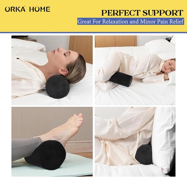 OrkaSleep Cervical Neck Roll Memory Foam Pillow, Bolster Pillow, Round Neck Pillows Support for Sleeping | Bolster Pillow for Bed, Legs, Back and Yoga (Black)