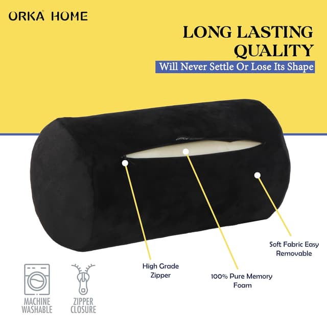 OrkaSleep Cervical Neck Roll Memory Foam Pillow, Bolster Pillow, Round Neck Pillows Support for Sleeping | Bolster Pillow for Bed, Legs, Back and Yoga (Black)
