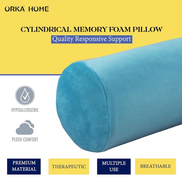 OrkaSleep Cervical Neck Roll Memory Foam Pillow, Bolster Pillow, Round Neck Pillows Support for Sleeping | Bolster Pillow for Bed, Legs, Back and Yoga (Teal)