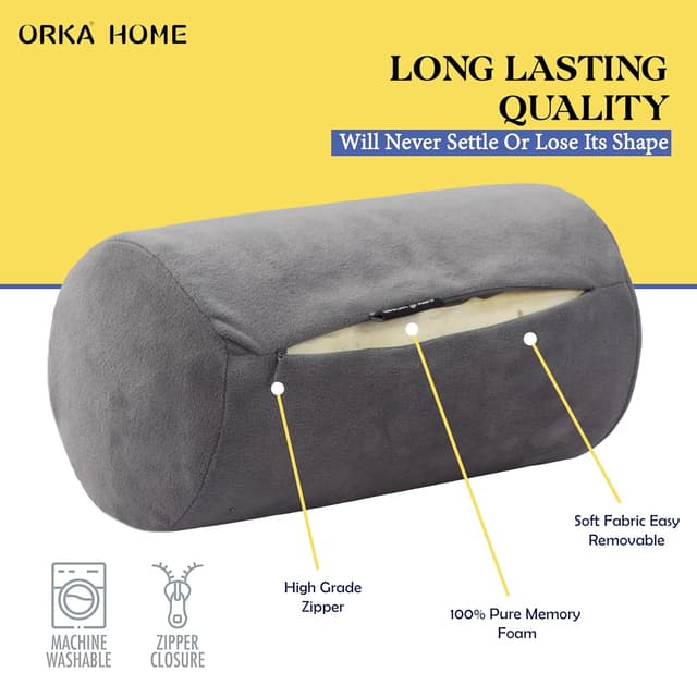 OrkaSleep Cervical Neck Roll Memory Foam Pillow, Bolster Pillow, Round Neck Pillows Support for Sleeping | Bolster Pillow for Bed, Legs, Back and Yoga (Grey)