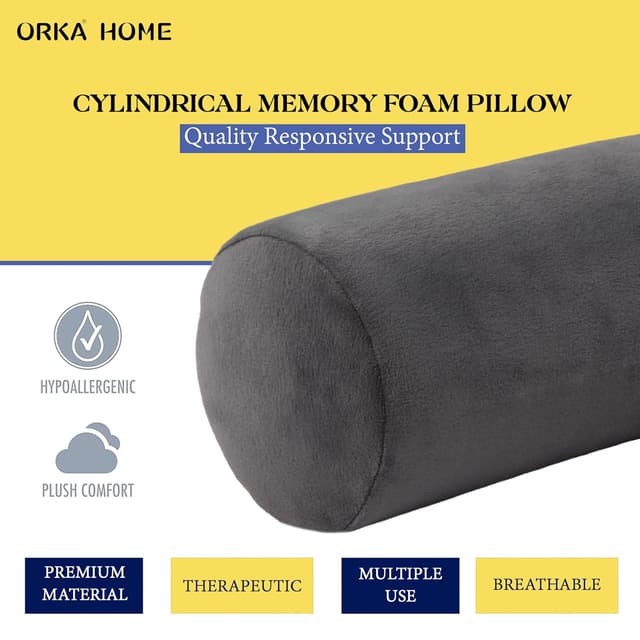 OrkaSleep Cervical Neck Roll Memory Foam Pillow, Bolster Pillow, Round Neck Pillows Support for Sleeping | Bolster Pillow for Bed, Legs, Back and Yoga (Grey)