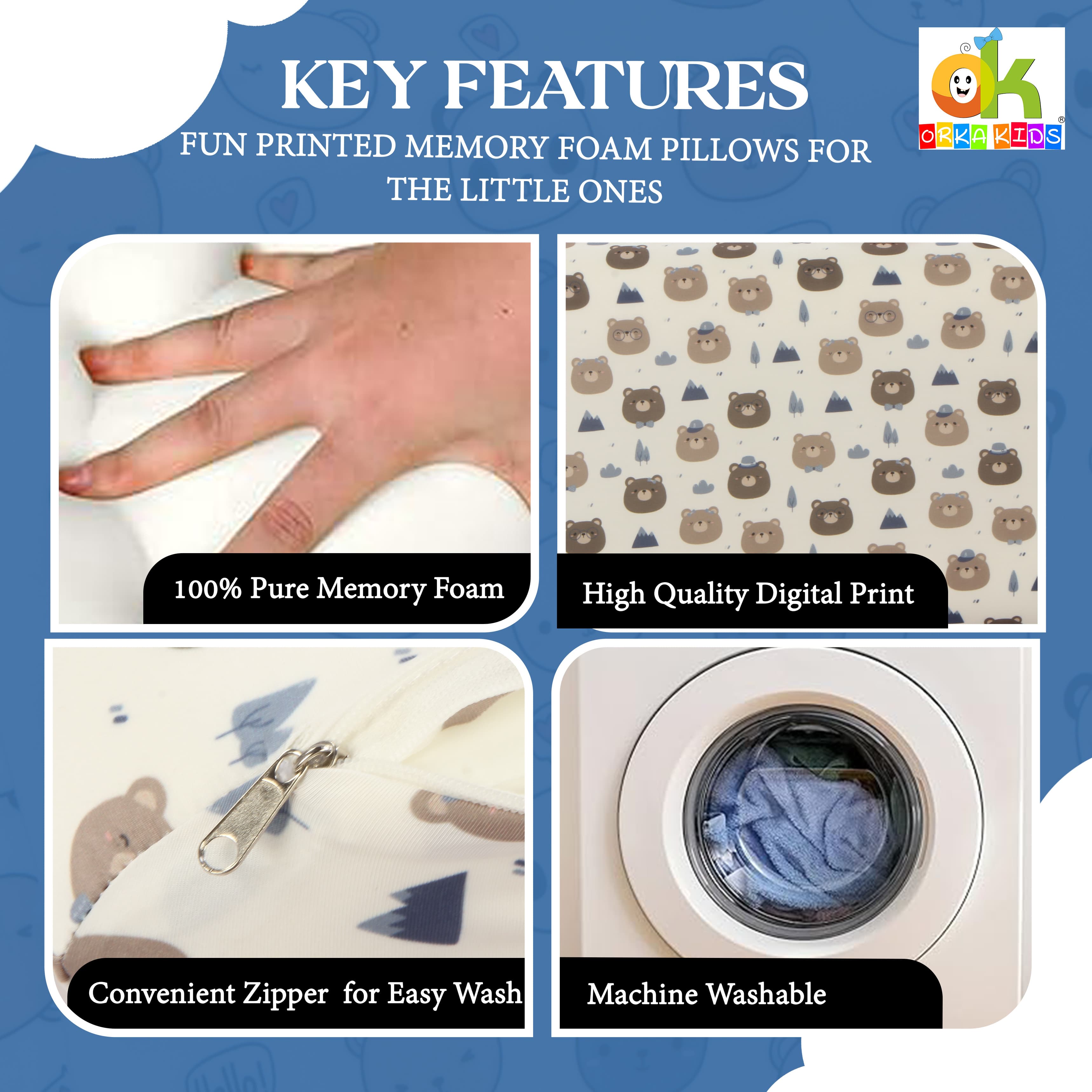 Orka Kids Memory Foam Pillow For Sleeping Bear Design view 3