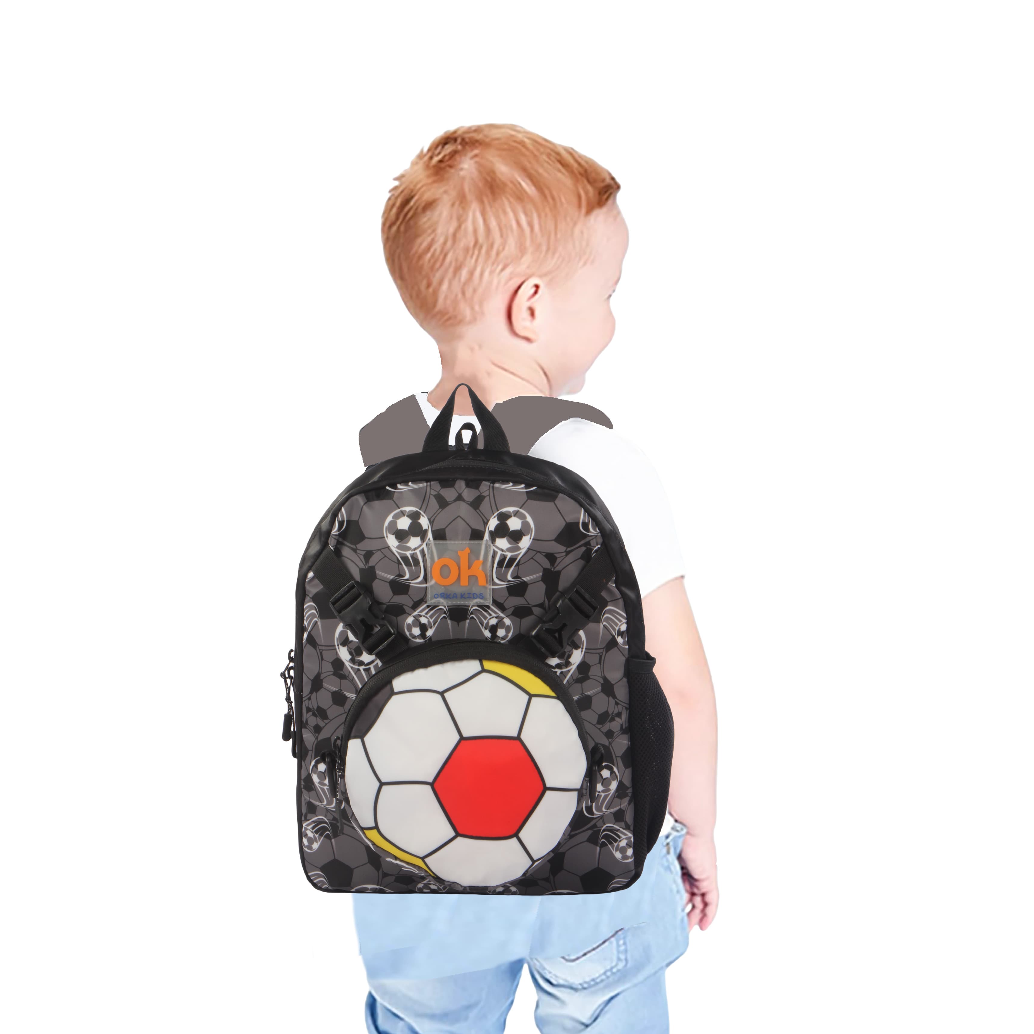 Orka Kids Tiny Tots Toddler Backpack Boys 15 Inch Kids Preschool Kindergarten School Backpack Book Bag for Daycare Nursery Travel with Chest Strap, Fits 2 to 12 years old, (Football Black) view 2