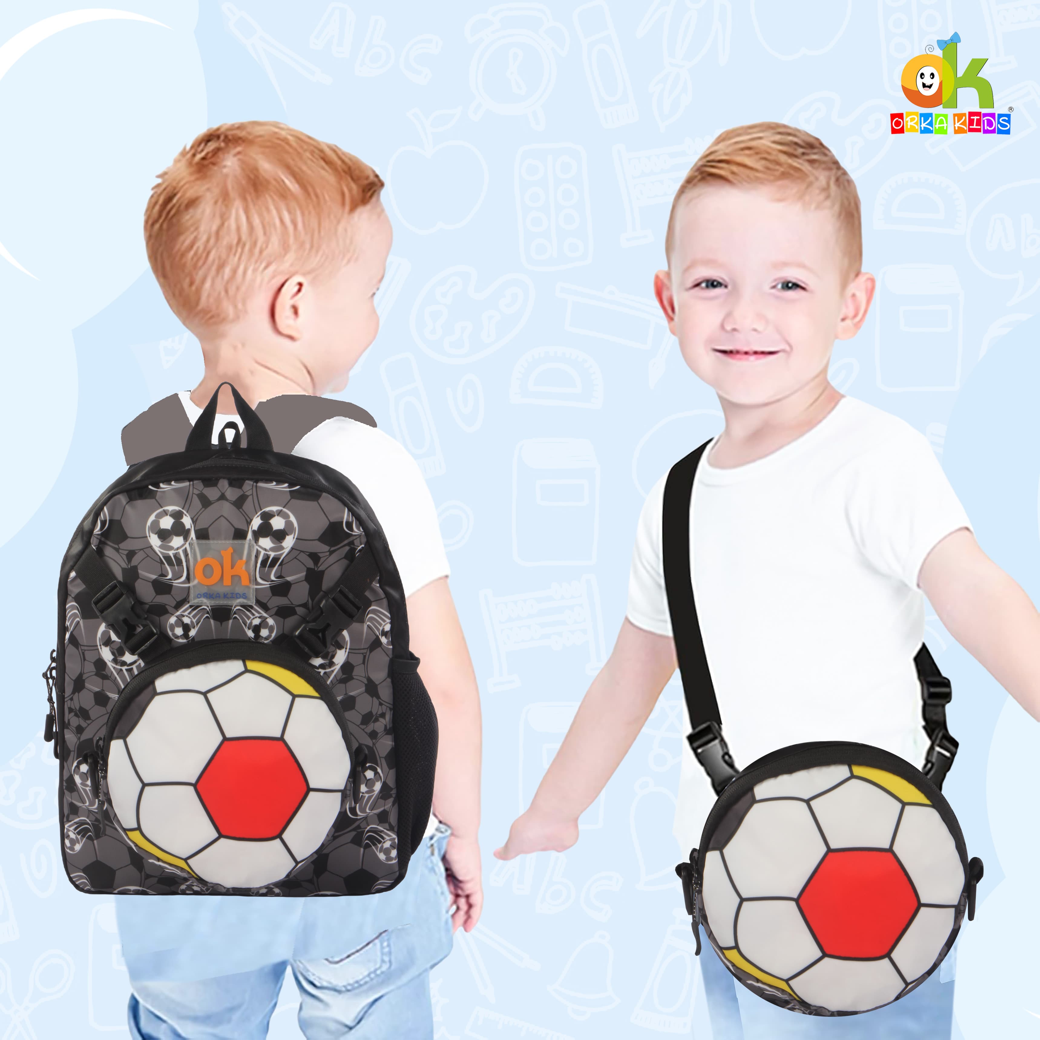 Orka Kids Tiny Tots Toddler Backpack Boys 15 Inch Kids Preschool Kindergarten School Backpack Book Bag for Daycare Nursery Travel with Chest Strap, Fits 2 to 12 years old, (Football Black) view 3