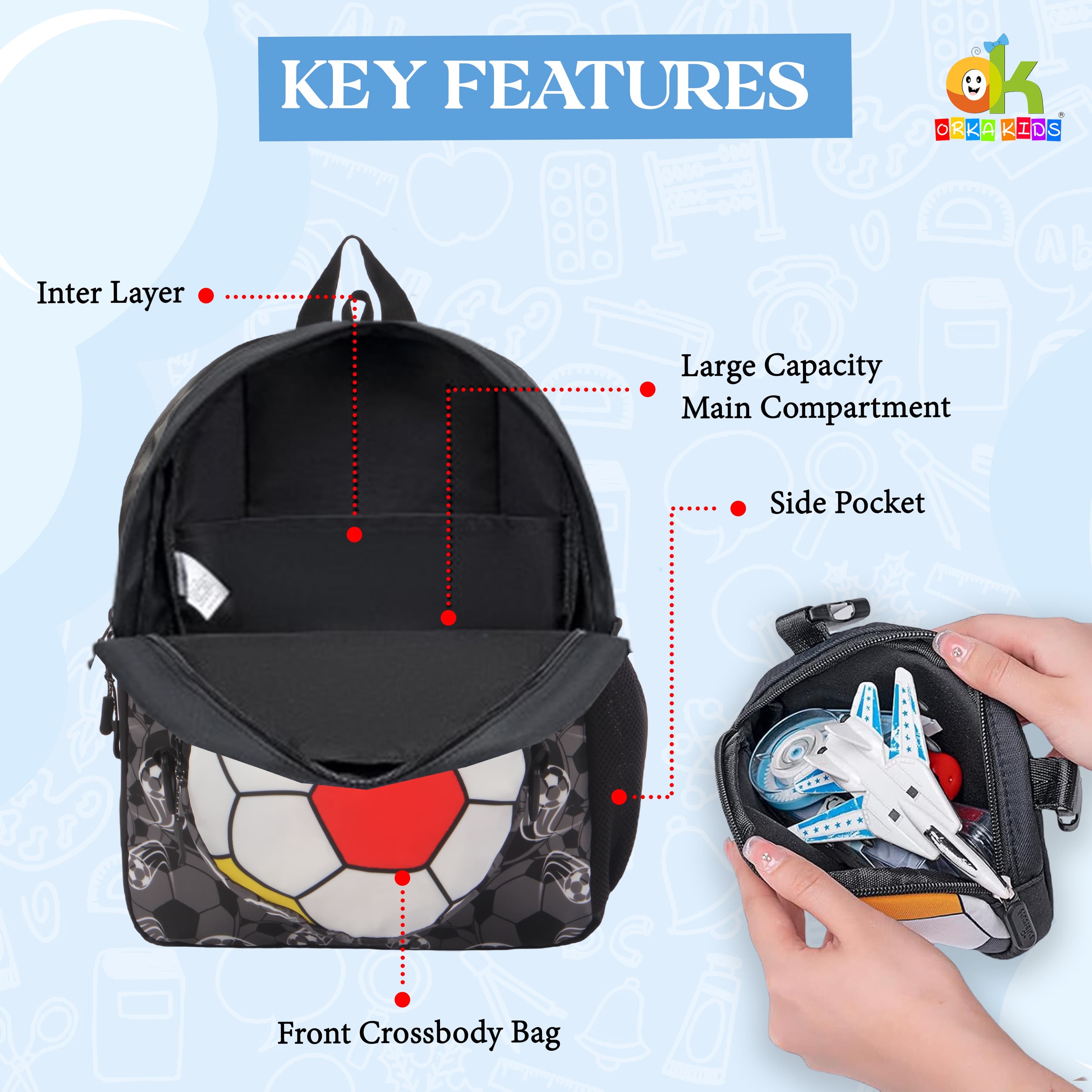 Orka Kids Tiny Tots Toddler Backpack Boys 15 Inch Kids Preschool Kindergarten School Backpack Book Bag for Daycare Nursery Travel with Chest Strap, Fits 2 to 12 years old, (Football Black) view 4