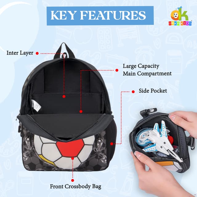 Orka Kids Tiny Tots Toddler Backpack Boys 15 Inch Kids Preschool Kindergarten School Backpack Book Bag for Daycare Nursery Travel with Chest Strap, Fits 2 to 12 years old, (Football Black)