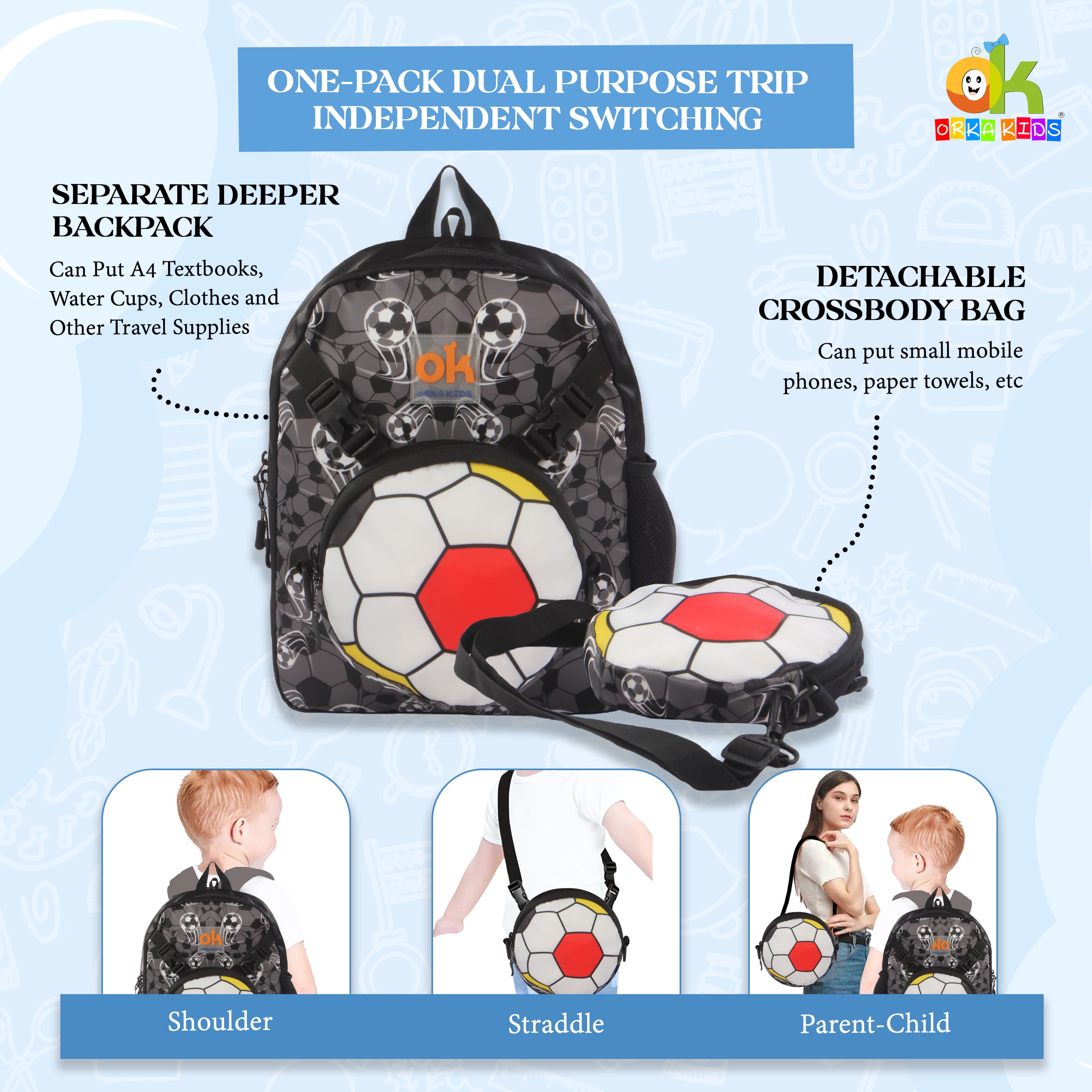 Orka Kids Tiny Tots Toddler Backpack Boys 15 Inch Kids Preschool Kindergarten School Backpack Book Bag for Daycare Nursery Travel with Chest Strap, Fits 2 to 12 years old, (Football Black) view 6