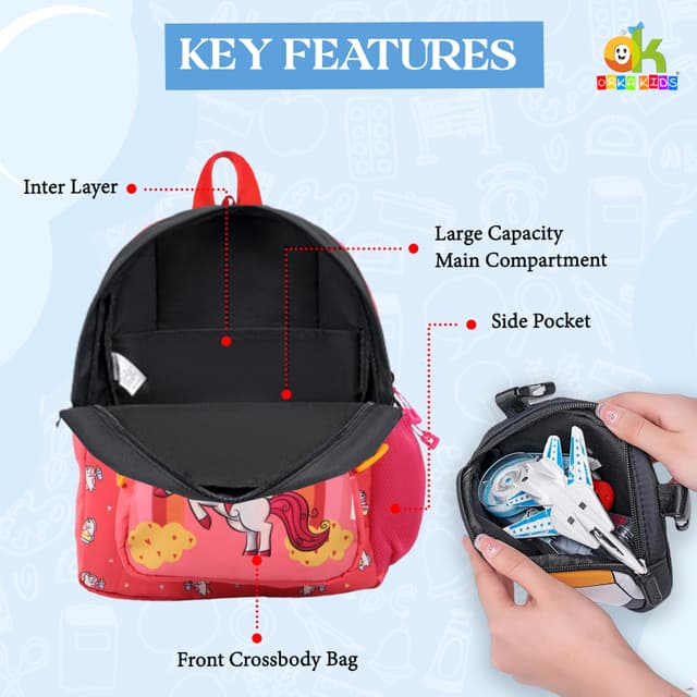Orka Kids Tiny Tots Toddler Backpack Boys 15 Inch Kids Preschool Kindergarten School Backpack Book Bag for Daycare Nursery Travel with Chest Strap, Fits 2 to 12 years old, (Magical Unicorn Pink)