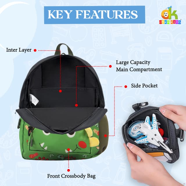 Orka Kids Tiny Tots Toddler Backpack Boys 15 Inch Kids Preschool Kindergarten School Backpack Book Bag for Daycare Nursery Travel with Chest Strap, Fits 2 to 12 years old, (Toddler Green)
