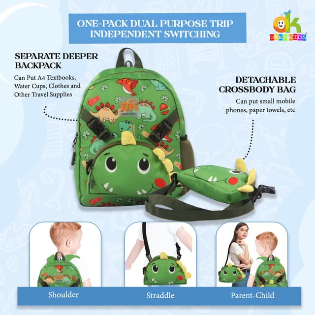 Orka Kids Tiny Tots Toddler Backpack Boys 15 Inch Kids Preschool Kindergarten School Backpack Book Bag for Daycare Nursery Travel with Chest Strap, Fits 2 to 12 years old, (Toddler Green)