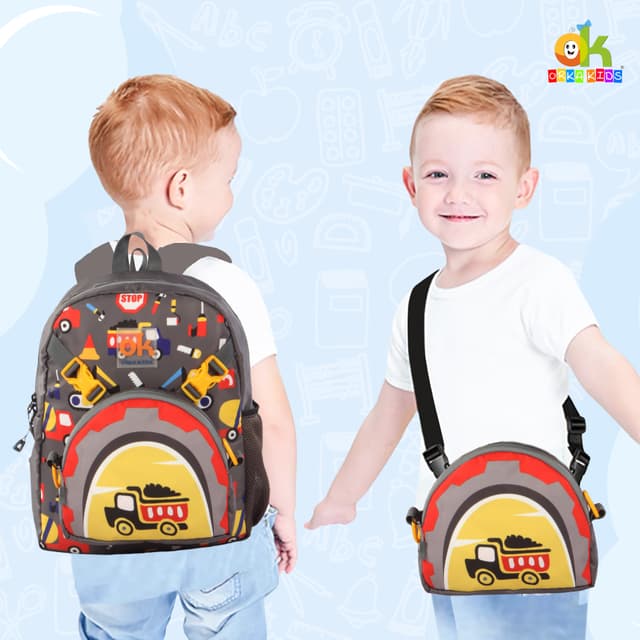 Orka Kids Tiny Tots Toddler Backpack Boys 15 Inch Kids Preschool Kindergarten School Backpack Book Bag for Daycare Nursery Travel with Chest Strap, Fits 2 to 12 years old, (Truck Grey)