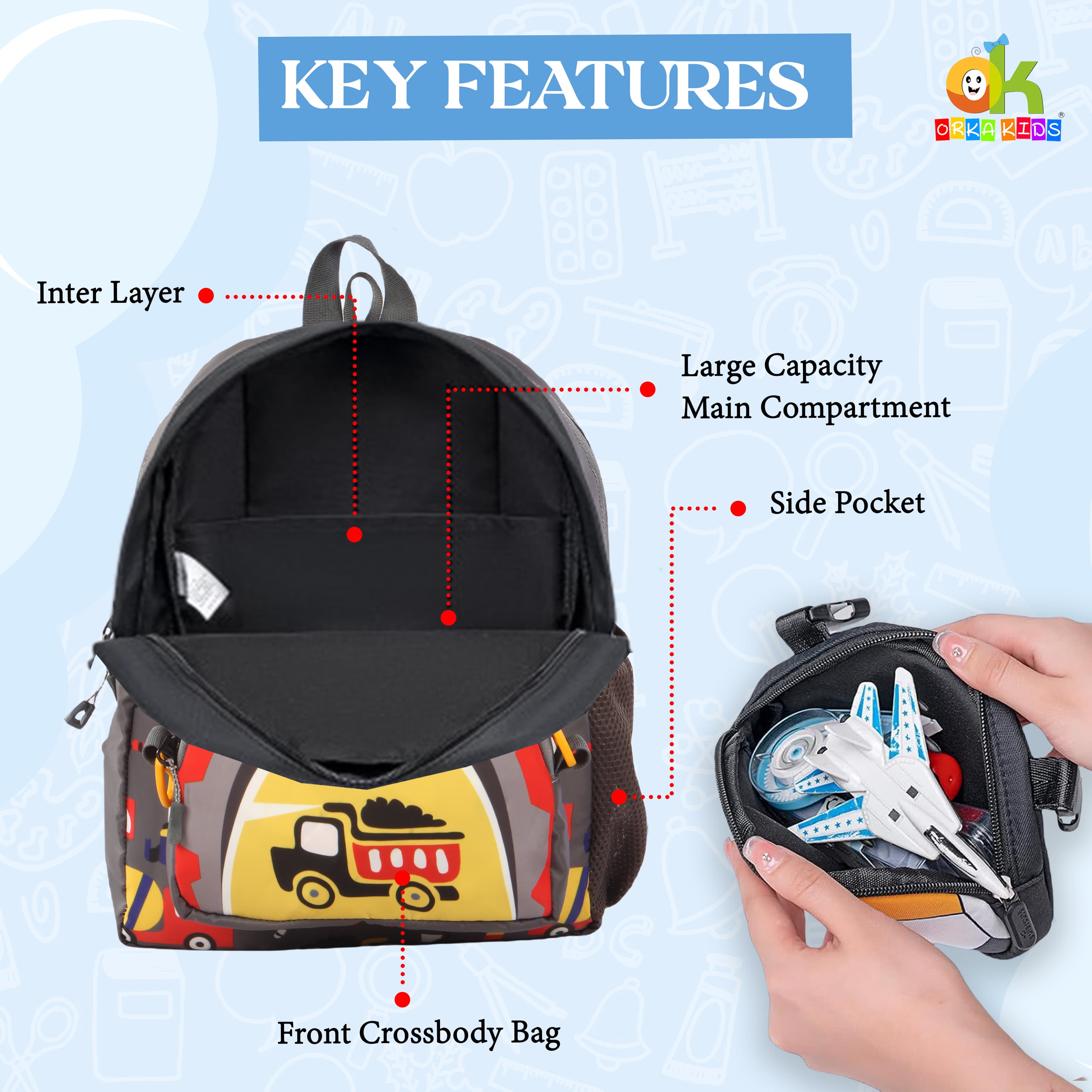 Orka Kids Tiny Tots Toddler Backpack Boys 15 Inch Kids Preschool Kindergarten School Backpack Book Bag for Daycare Nursery Travel with Chest Strap, Fits 2 to 12 years old, (Truck Grey) view 4