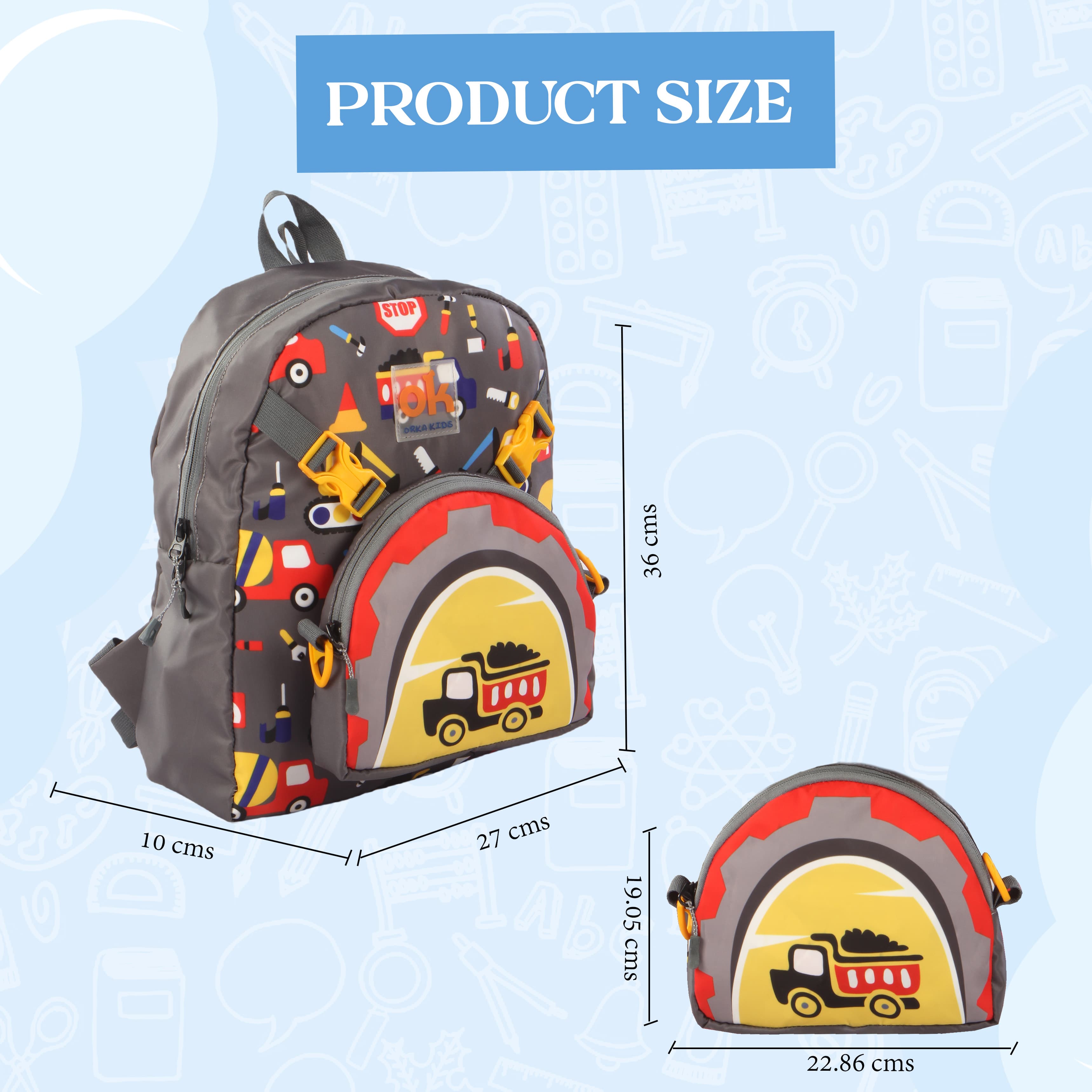Orka Kids Tiny Tots Toddler Backpack Boys 15 Inch Kids Preschool Kindergarten School Backpack Book Bag for Daycare Nursery Travel with Chest Strap, Fits 2 to 12 years old, (Truck Grey) view 5