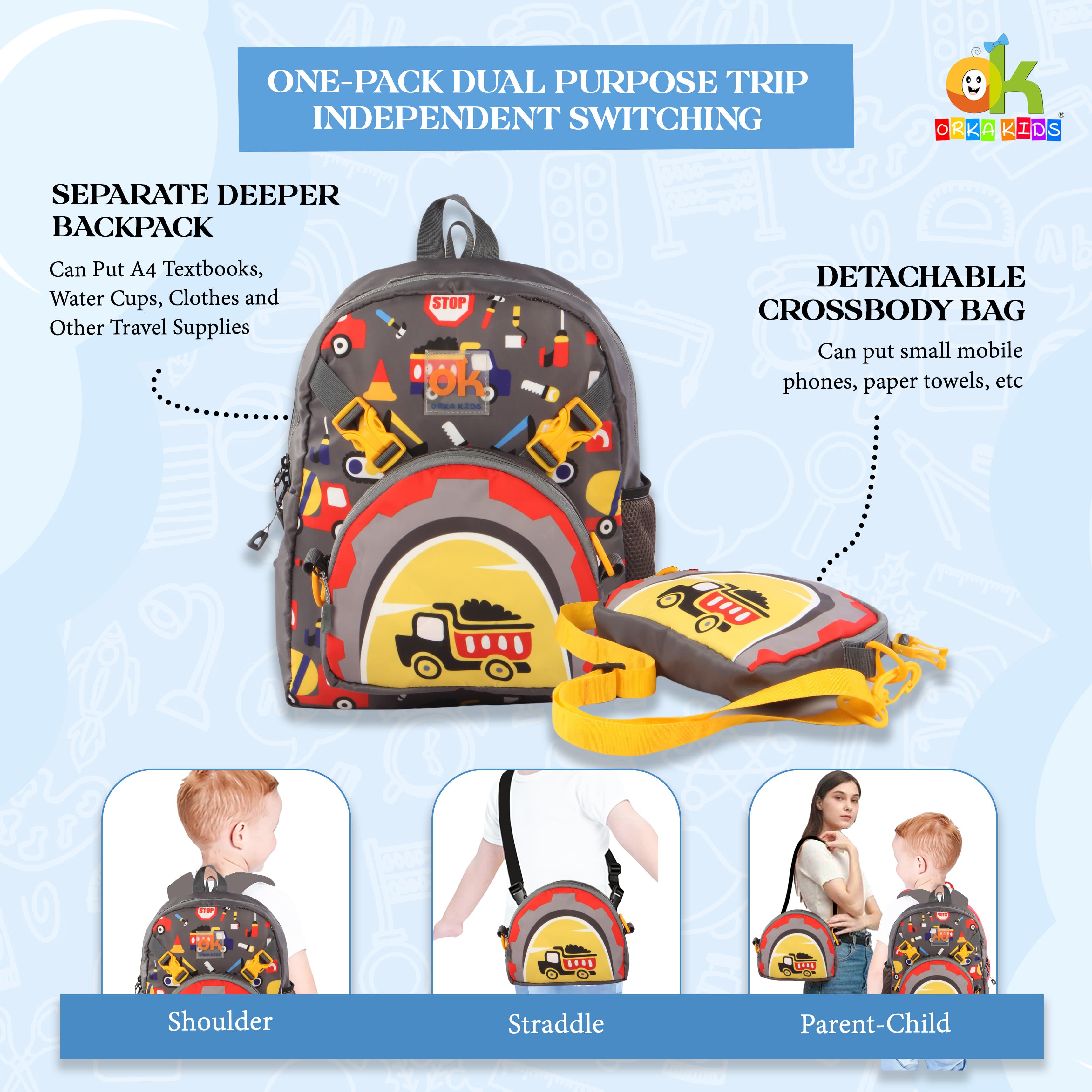 Orka Kids Tiny Tots Toddler Backpack Boys 15 Inch Kids Preschool Kindergarten School Backpack Book Bag for Daycare Nursery Travel with Chest Strap, Fits 2 to 12 years old, (Truck Grey) view 6