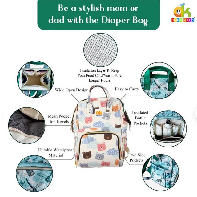Orka Kids Moms Back Pack Waterproof Mother Bag for Babies, Diaper Bag for Baby, Maternity Travel Backpack Spacious Cushioned Shoulder Strap Many Compartment Multi Utility Large (Cute Teddy Vector)