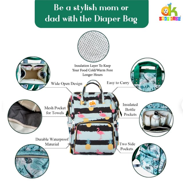 Orka Kids Moms Back Pack Waterproof Mother Bag for Babies, Diaper Bag for Baby, Maternity Travel Backpack Spacious Cushioned Shoulder Strap Many Compartment Multi Utility Large (Flamingo Bird)