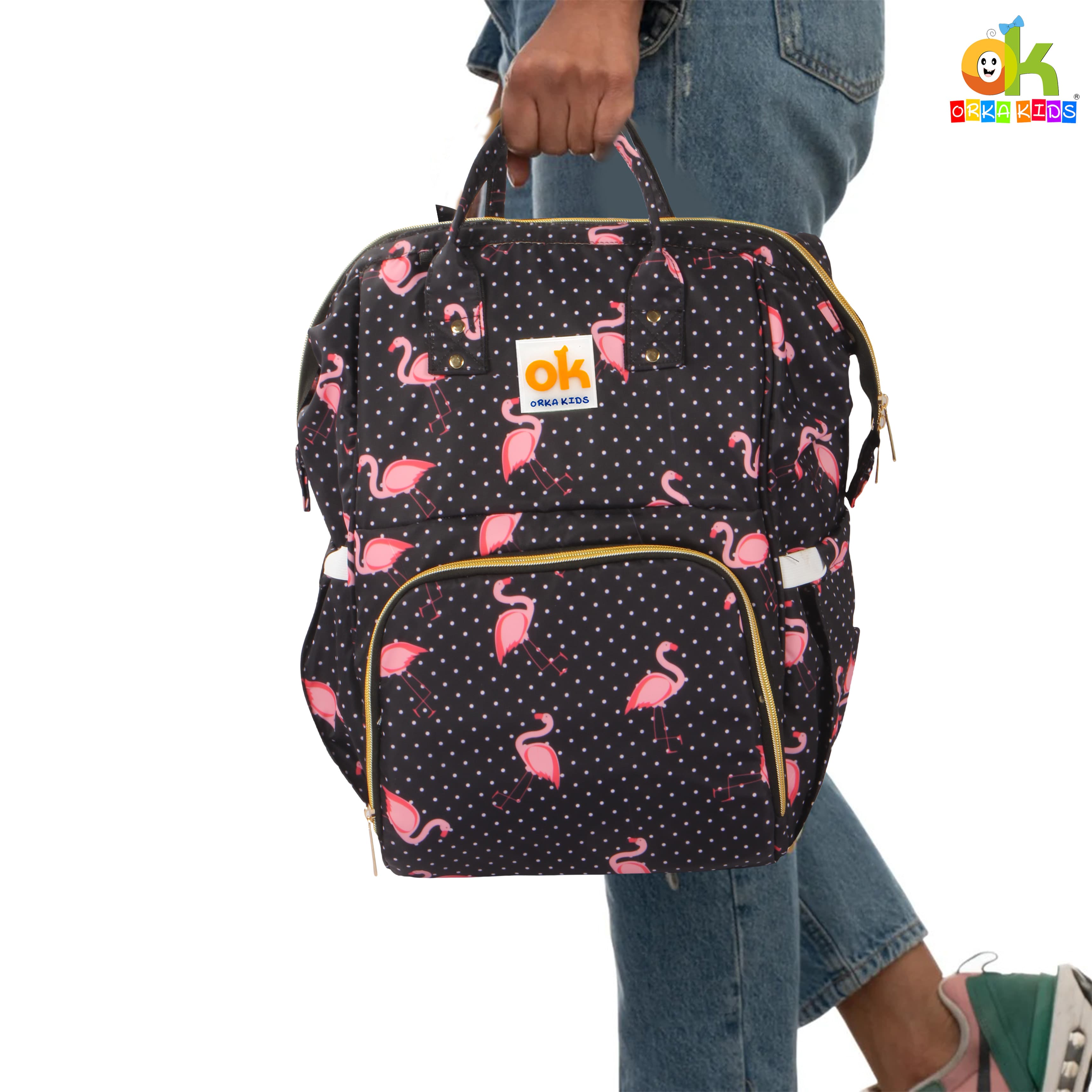 Orka Kids Moms Back Pack Waterproof Mother Bag for Babies, Diaper Bag for Baby, Maternity Travel Backpack Spacious Cushioned Shoulder Strap Many Compartment Multi Utility Large (Flamingo Vectors) view 4