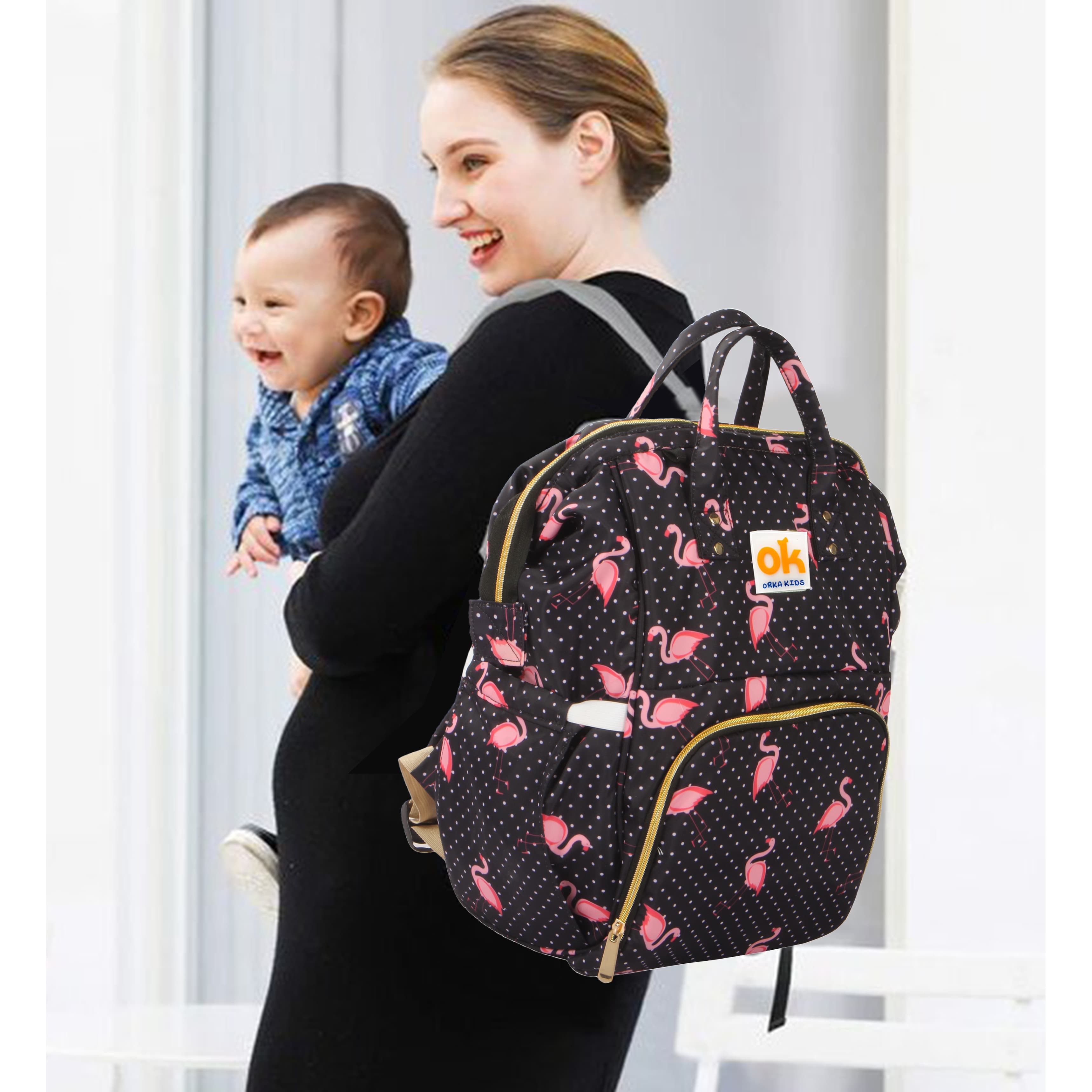 Orka Kids Moms Back Pack Waterproof Mother Bag for Babies, Diaper Bag for Baby, Maternity Travel Backpack Spacious Cushioned Shoulder Strap Many Compartment Multi Utility Large (Flamingo Vectors) view 5