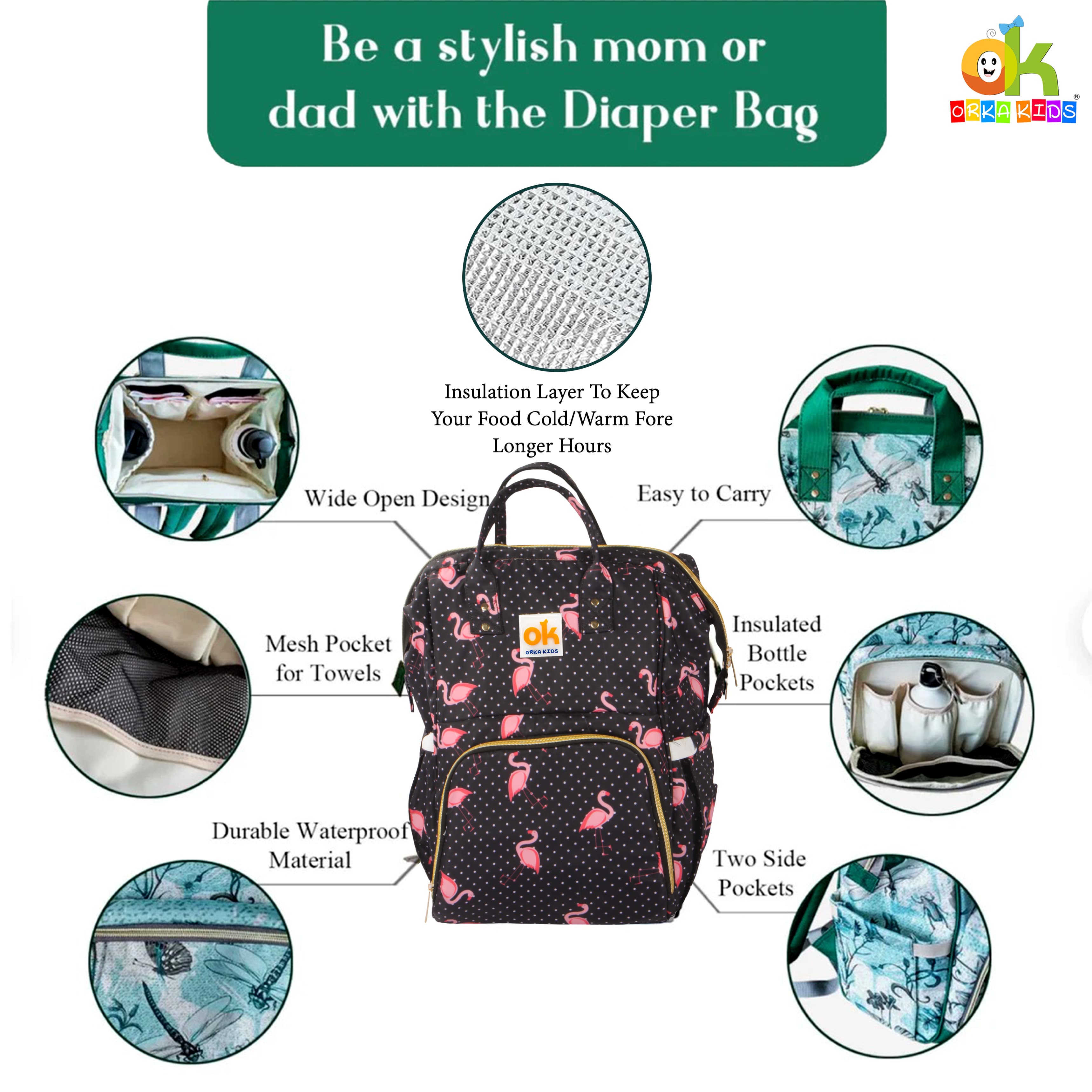 Orka Kids Moms Back Pack Waterproof Mother Bag for Babies, Diaper Bag for Baby, Maternity Travel Backpack Spacious Cushioned Shoulder Strap Many Compartment Multi Utility Large (Flamingo Vectors) view 6