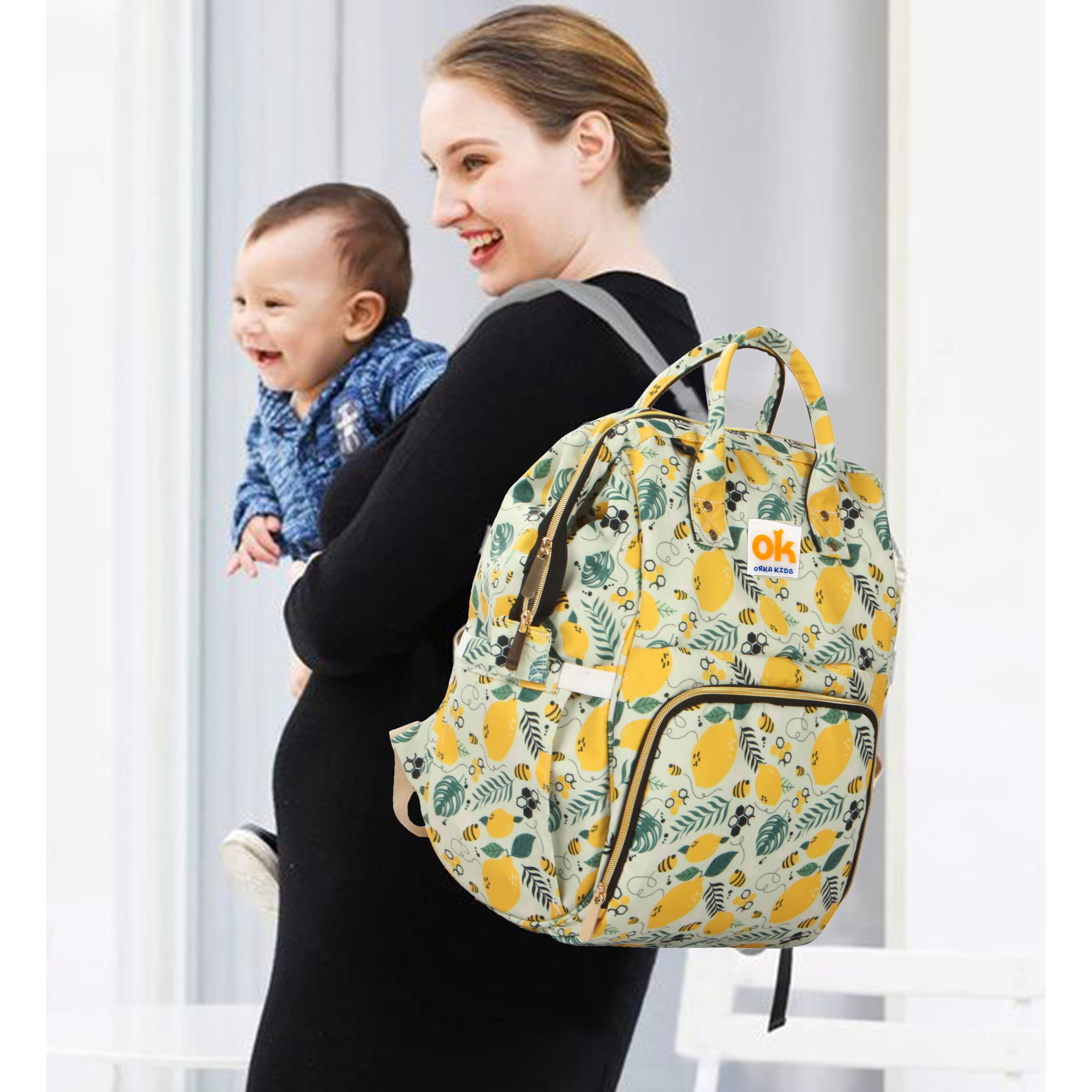 Orka Kids Moms Back Pack Waterproof Mother Bag for Babies, Diaper Bag for Baby, Maternity Travel Backpack Spacious Cushioned Shoulder Strap Many Compartment Multi Utility Large (Lemon Fruits) view 5
